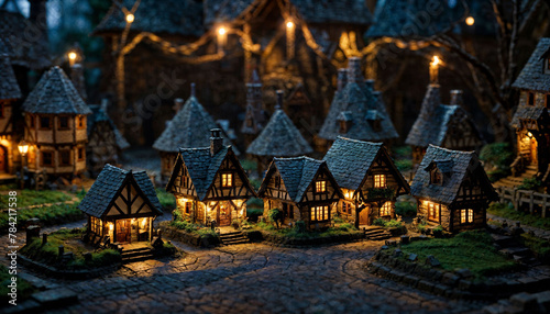 miniature scene of fantasy medieval building village at night, generative AI