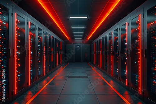 Wallpaper Mural A modern server room with red ambient lighting illuminating rows of high-tech data equipment. Torontodigital.ca