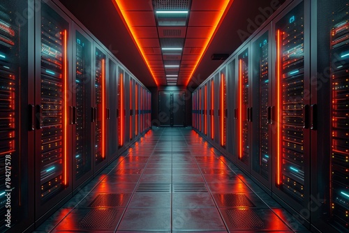 Wallpaper Mural A modern server room with red ambient lighting illuminating rows of high-tech data equipment. Torontodigital.ca