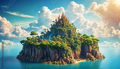 miniature scene of fantasy island with cloud sky, generative AI