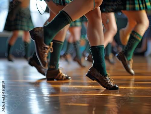 Several dancers perform a traditional Irish dance in honor of St. Patrick's Day. The emphasis is on the dancers' feet 