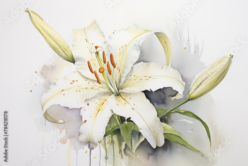 elegant watercolor painting that captures the timeless beauty of a single, blooming white lily in a crystal-clear vase. natural light, clean, uncluttered