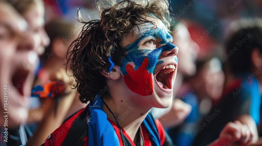 A young man with blue and red face paint is smiling