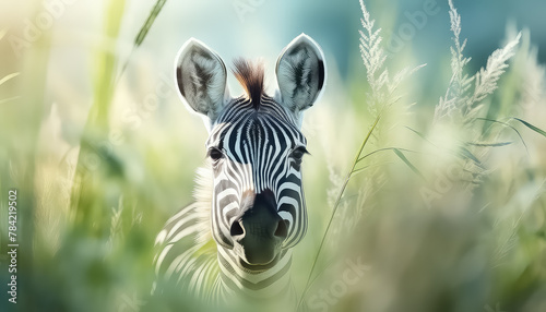 Zebra in the wild grazing in the grass photo