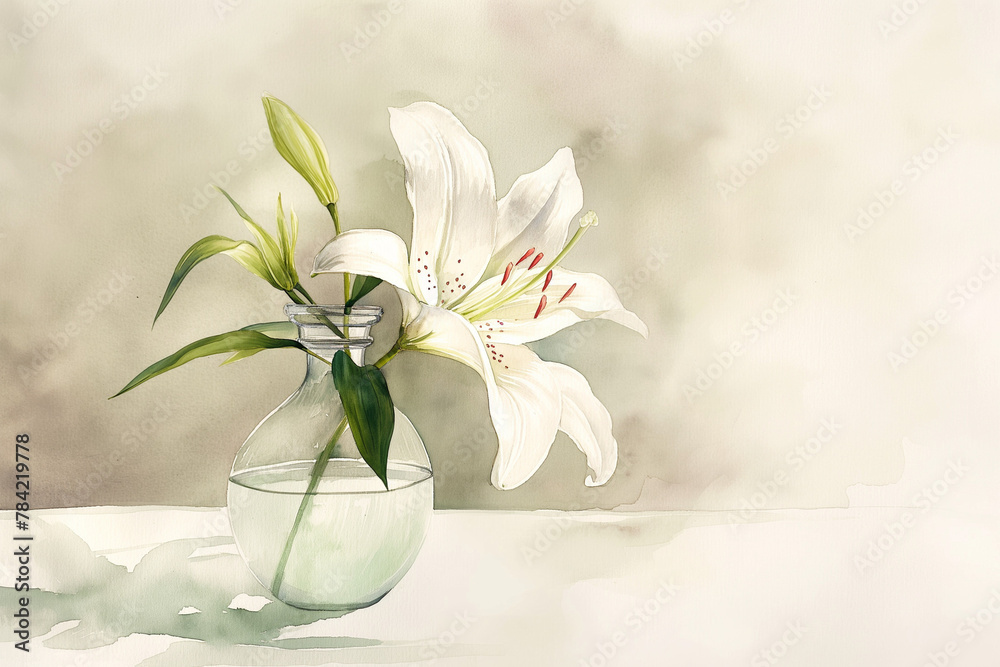 Watercolor painting of a lily in a vase with nice plain background to let the beauty of the flower show Watercolor painting of a lily in a vase with nice plain background to let the beauty of the flower show