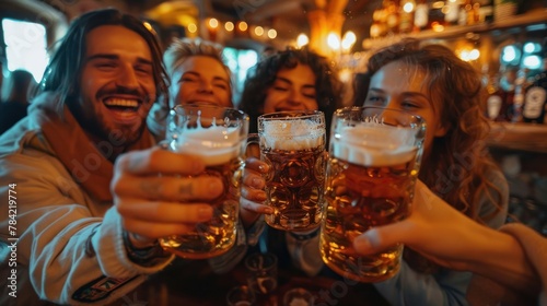 A group of happy friends enjoying a beer in a bar with different nationalities. © sirisakboakaew