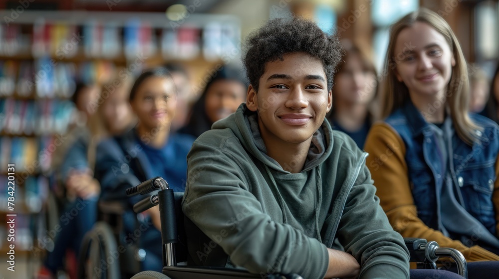 A portrait of a multi-ethnic group of students in the college library with a boy in a wheelchair in the foreground A portrait of a multi-ethnic group of students in the college library with a boy in a wheelchair in the foreground