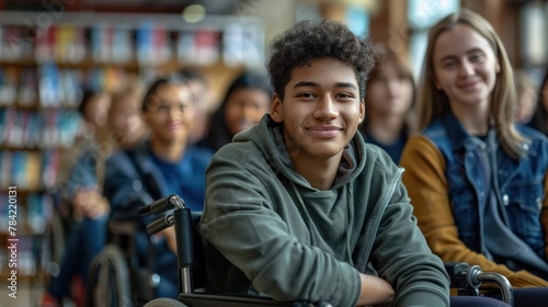 A portrait of a multi-ethnic group of students in the college library with a boy in a wheelchair in the foreground photo