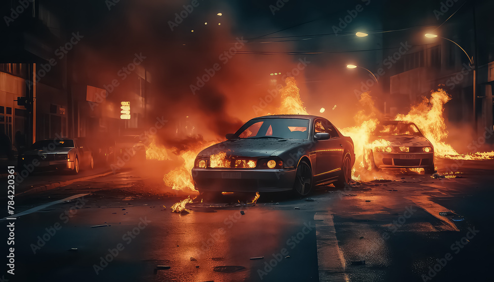 Cars engulfed in flames in the city of chaos
