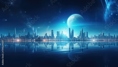 Night city and moon fantastic landscape photo