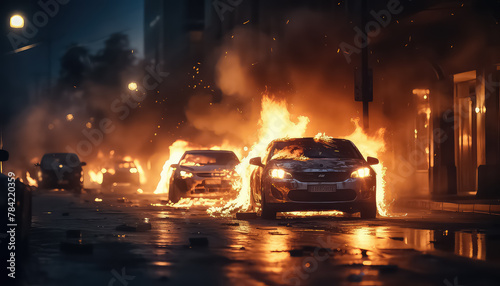 Cars engulfed in flames in the city of chaos