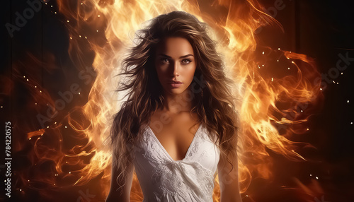 Bride in a white dress from hell in the flames of fire
