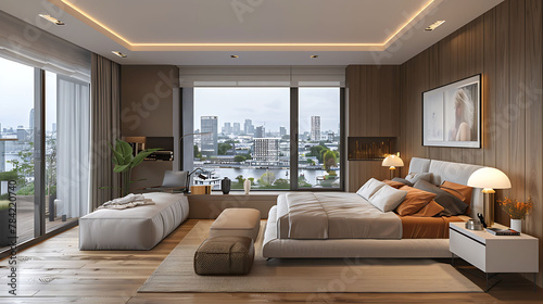 Wide-angle shot of a contemporary bedroom with city views, modern interior design, scandinavian style hyperrealistic photography