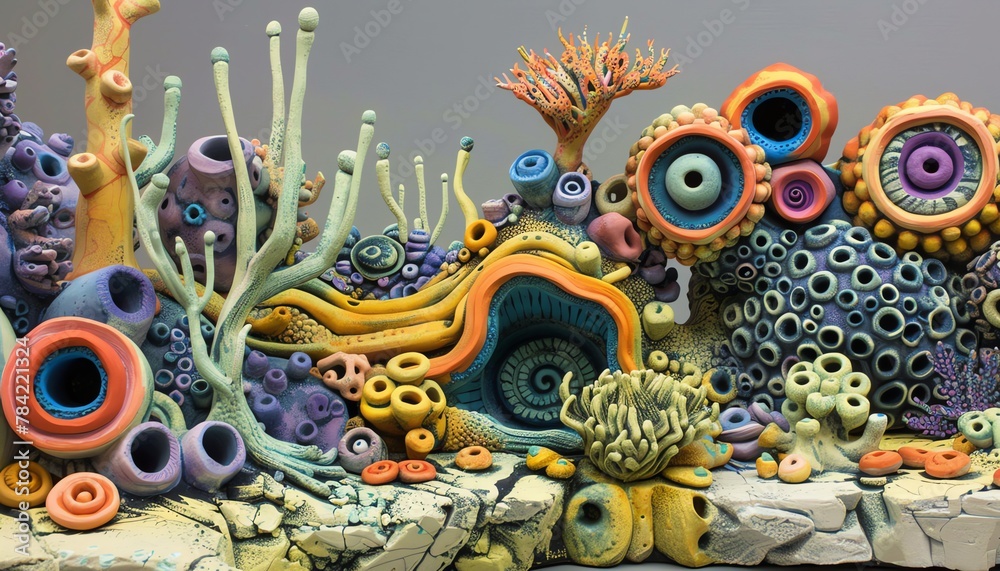 Develop an intricate clay sculpture depicting a whimsical, futuristic landscape from a worms-eye view Infuse the sculpture with intricate details and vivid colors to capture the essence of a sustainab