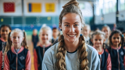 Happy young female coach looking at the camera while studying physical education with elementary school students at the school gym.
