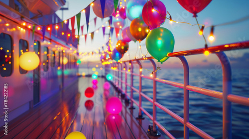 Party on a ship withcolorful balloons and lights. Festive bright banner. Holiday concept.