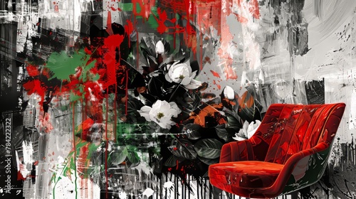 A splash of intense reds and electric greens, creating a luxurious vibe against a backdrop of black and white