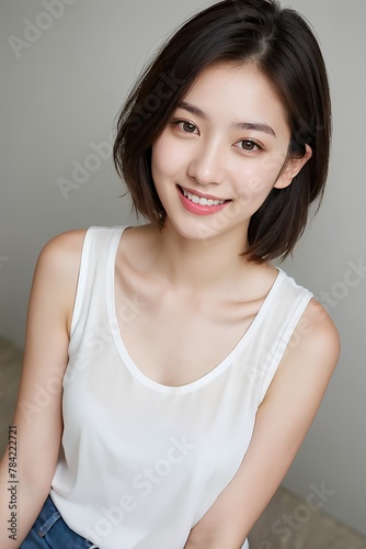 A short-haired girl with beautiful, delicate eyes and a smile.