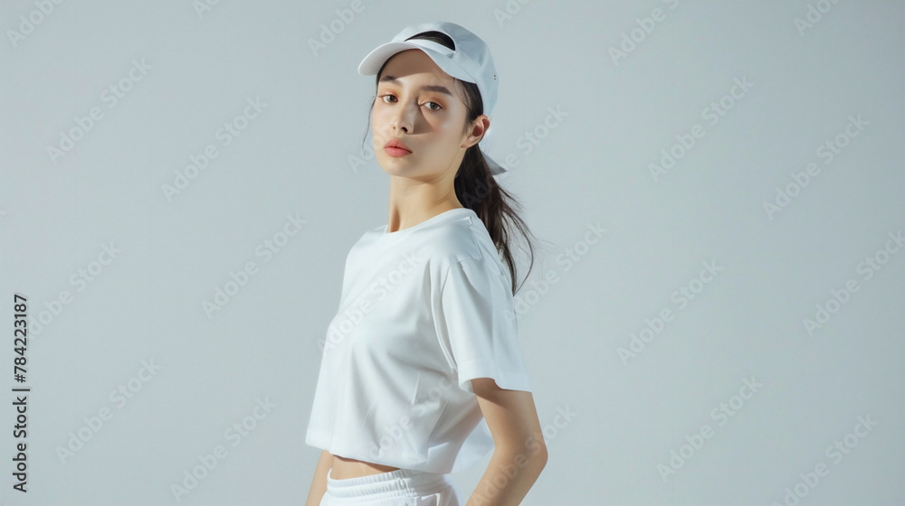 白いキャップとtシャツを着た女性