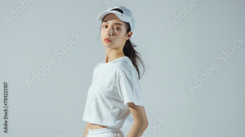 白いキャップとtシャツを着た女性