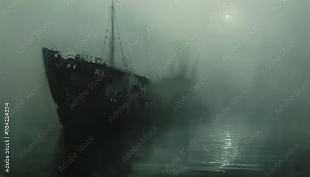 Capture the chilling beauty of a ghostly shipwreck on a foggy ocean through a sinister lens in traditional oil painting - obrazy, fototapety, plakaty 
