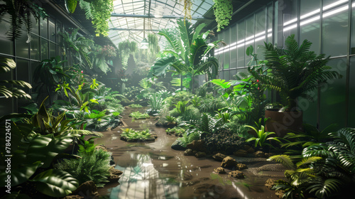 A lush green indoor garden with a stream of water running through it. The plants are all different sizes and shapes, and the water is murky