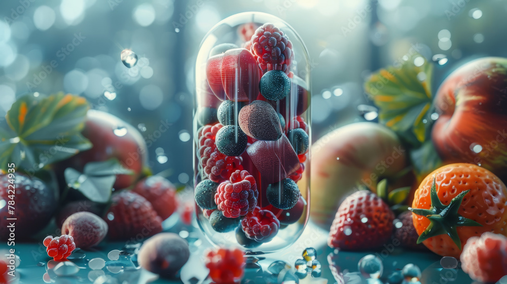 A glass jar filled with a variety of fruits including strawberries, raspberries, and apples. The fruits are arranged in a way that they look like they are inside a pill. Concept of health and wellness