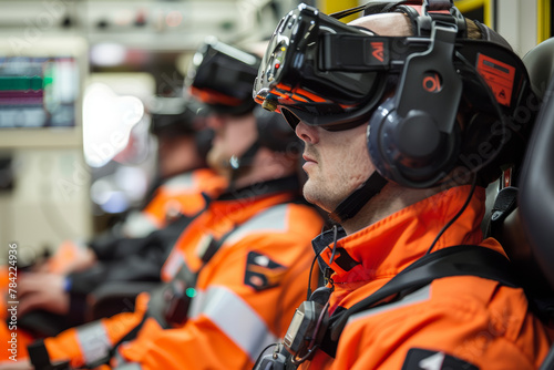 Three people in orange and black uniforms are wearing virtual reality goggles. One of them is wearing a backpack photo