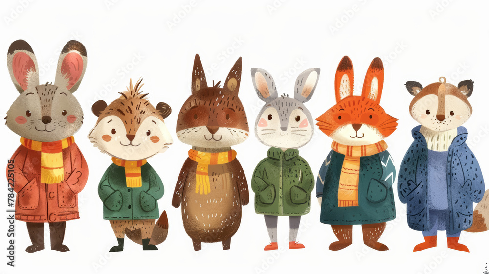 Obraz premium A group of cartoon animals are standing in a line, all wearing different colored scarves and jackets