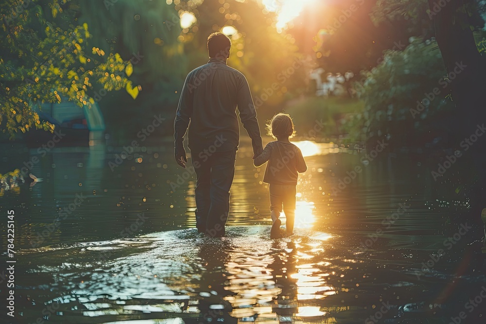A man and a child walk along a shallow river.