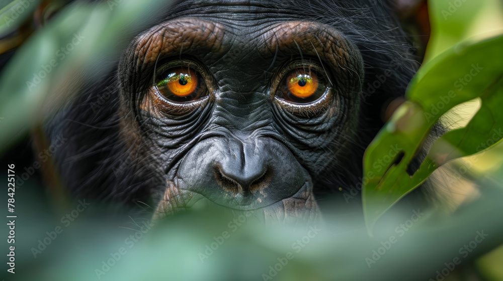 A baby monkey with yellow eyes is peeking out from behind some leaves. Concept of curiosity and playfulness, as the monkey seems to be looking at the viewer