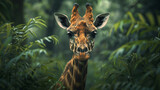 A giraffe is standing in a forest with green leaves. The giraffe is looking at the camera and he is curious