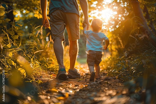 A kid walking with his dad along a forest path.
