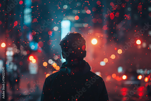 A man is standing in the middle of a city street, surrounded by bright lights and snow. The scene is chaotic and overwhelming, with the man looking up at the sky, seemingly lost in the moment photo
