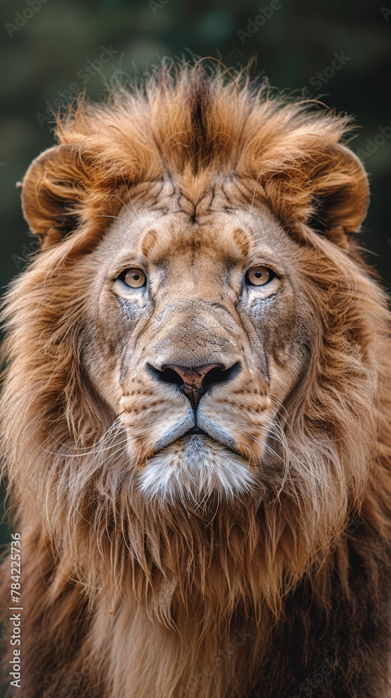 A lion with a long mane and a big, bright eye stares at the camera. The lion's face is the main focus of the image, and it is looking directly at the viewer