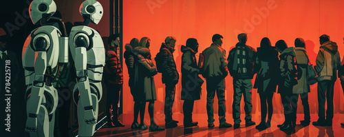 displaced workers standing in line at a job fair, overshadowed by towering AI robots showcasing their superior efficiency and productivity, highlighting the unequal competition between humans and mach photo