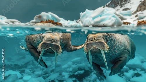 Walruses diving into the icy water in search of food