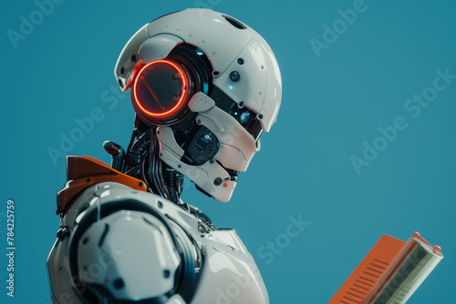 A robot is reading a book with a red cover. The robot is wearing headphones and has a white helmet. The robot is standing in front of a blue background © Kowit