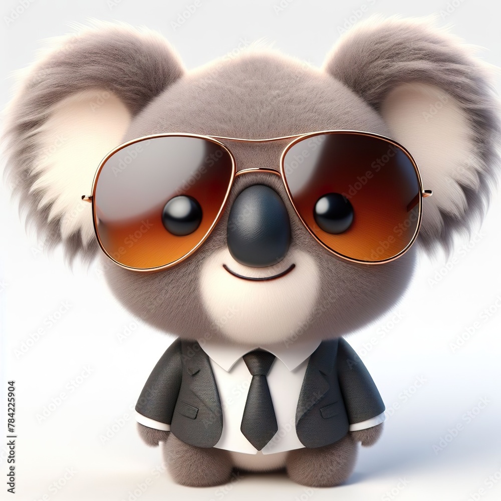 Fluffy 3D image of a cute koala wearing suit and cool fashion eyeglasses , funny, happy, smile, white background