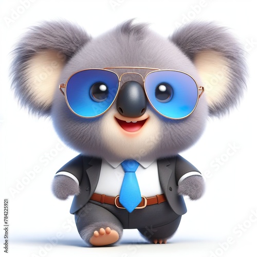 Fluffy 3D image of a cute koala wearing suit and cool fashion eyeglasses   funny  happy  smile  white background