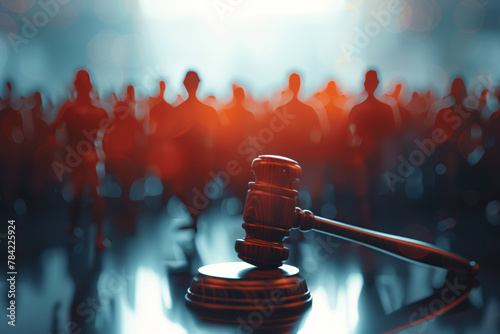 A judge's gavel sits on a podium in front of a crowd of people. Concept of authority and importance, as the gavel is a symbol of the judge's power photo