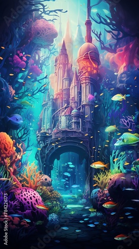 Capture a whimsical underwater scene in vivid colors, featuring a comedic moment with a wide-angle perspective in digital glitch art technique photo