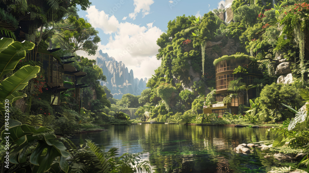 A lush jungle with a river running through it. The water is calm and the trees are tall and green A lush jungle with a river running through it. The water is calm and the trees are tall and green
