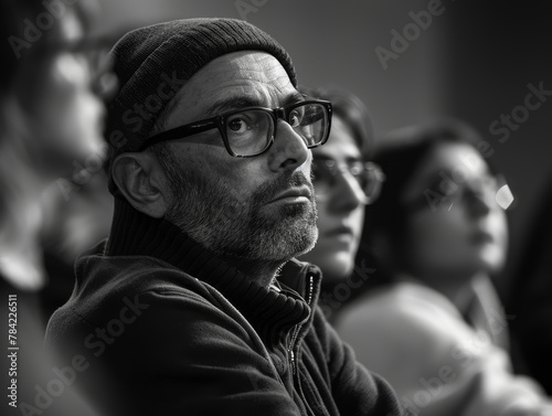 A man with glasses and a hat is looking at something. He is surrounded by other people who are also looking at the same thing. Scene is serious and focused © Kowit