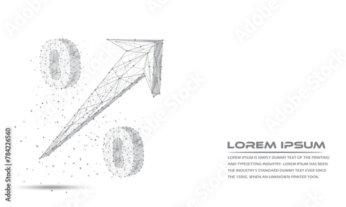 Low poly wireframe arrow growing percentage up.Abstract digital 3d growth arrow up and percent polygonal symbols investment and increases. Business discount concept of the white background