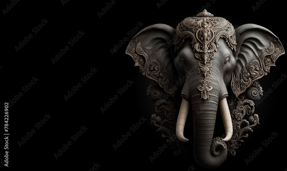 An elephant with a gold and white pattern on its face with isolated black background, generative ai