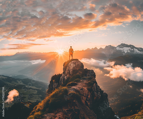 A person standing on top of a mountain at sunset