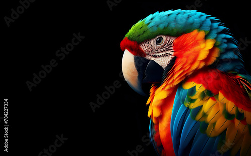 Multicolored parrot is standing on black background with its beak open Generative AI