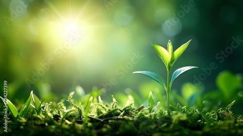 A small green plant sprouting in the grass, with sunlight shining on it from above, soft lighting, creating an atmosphere of vitality and growth. 
