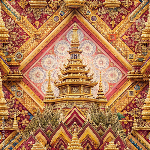 thai pattern in temple of thailand, Traditional thai painting in Buddhist temple. © Luckystation